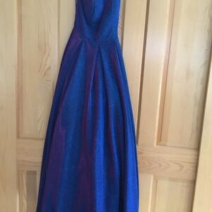 B Darlin Blue with pink shimmer one shoulder gown with lattice detail neckline